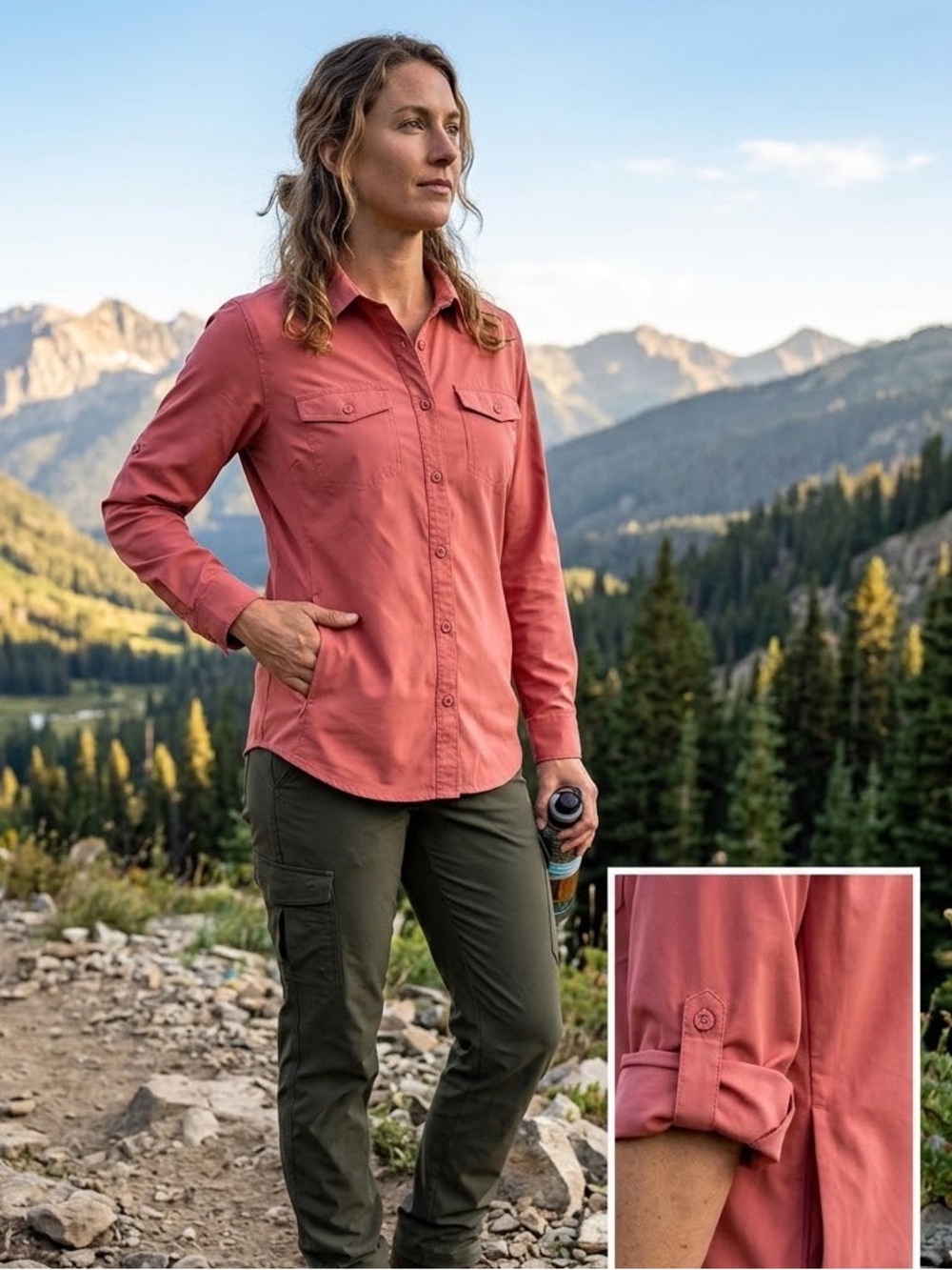 Eddie Bauer Departure Shirt L Coral Pink Roll Tab Hiking Outdoor Top Pocket